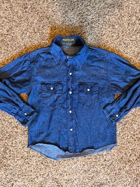 Vintage Rustler by Wrangler Dark Blue Denim Pearl Snap Shirt